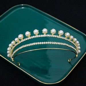 Gold Pearl and Crystal Double Row Tiara - Women Accessories